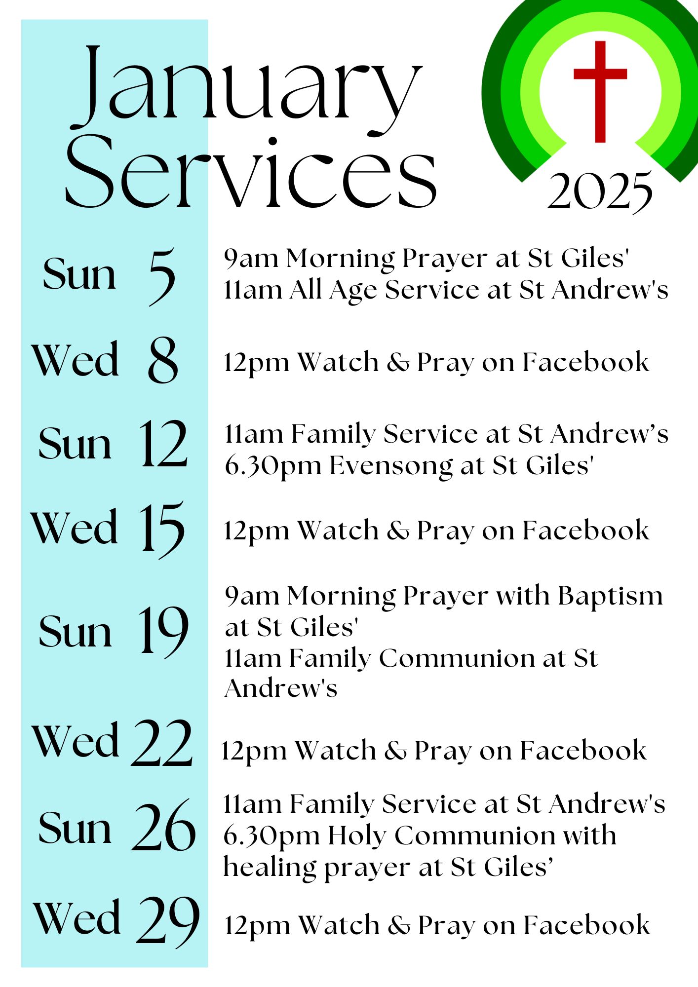 Service Calendar Jan 2025