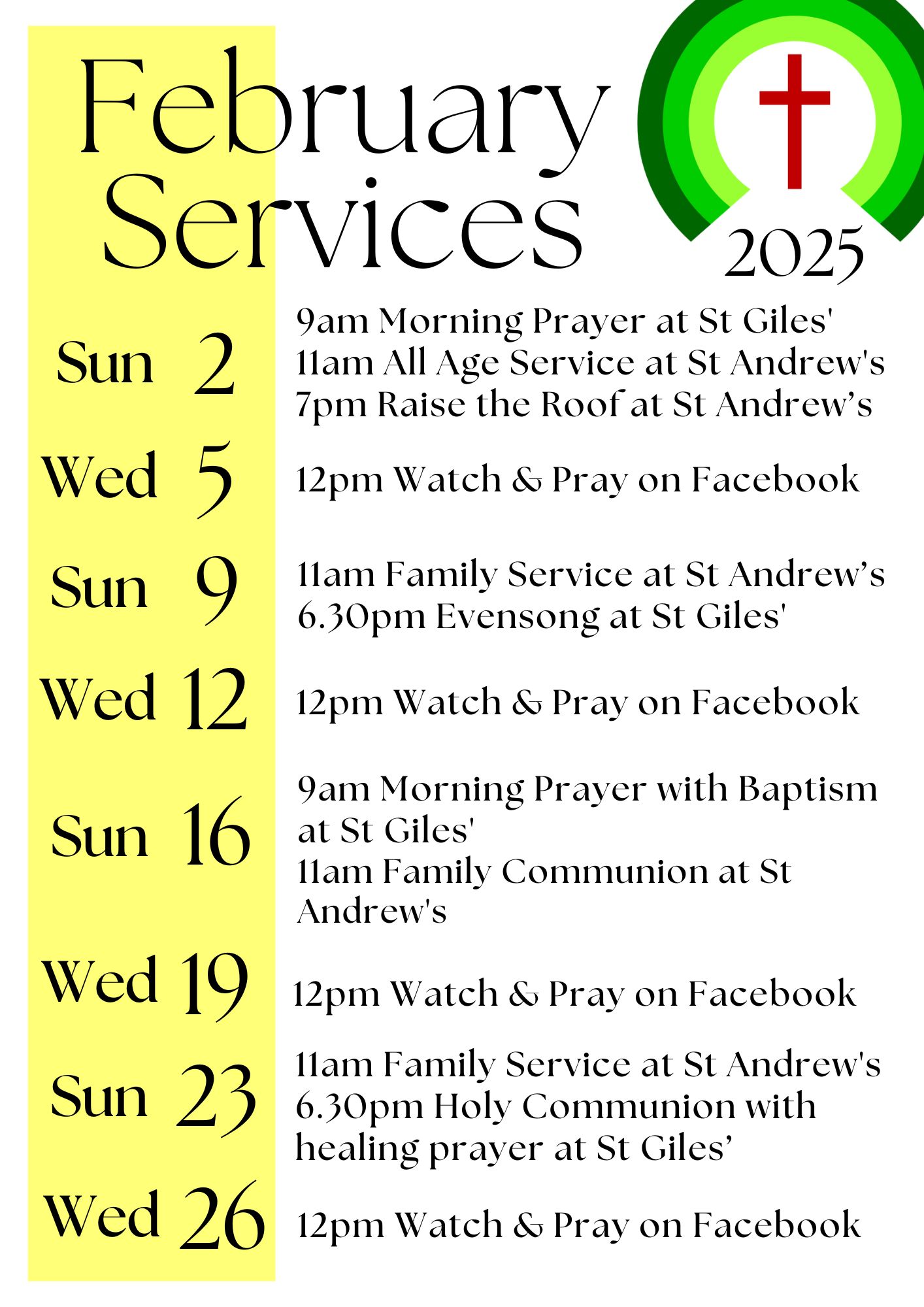 Service Calendar Feb 2025