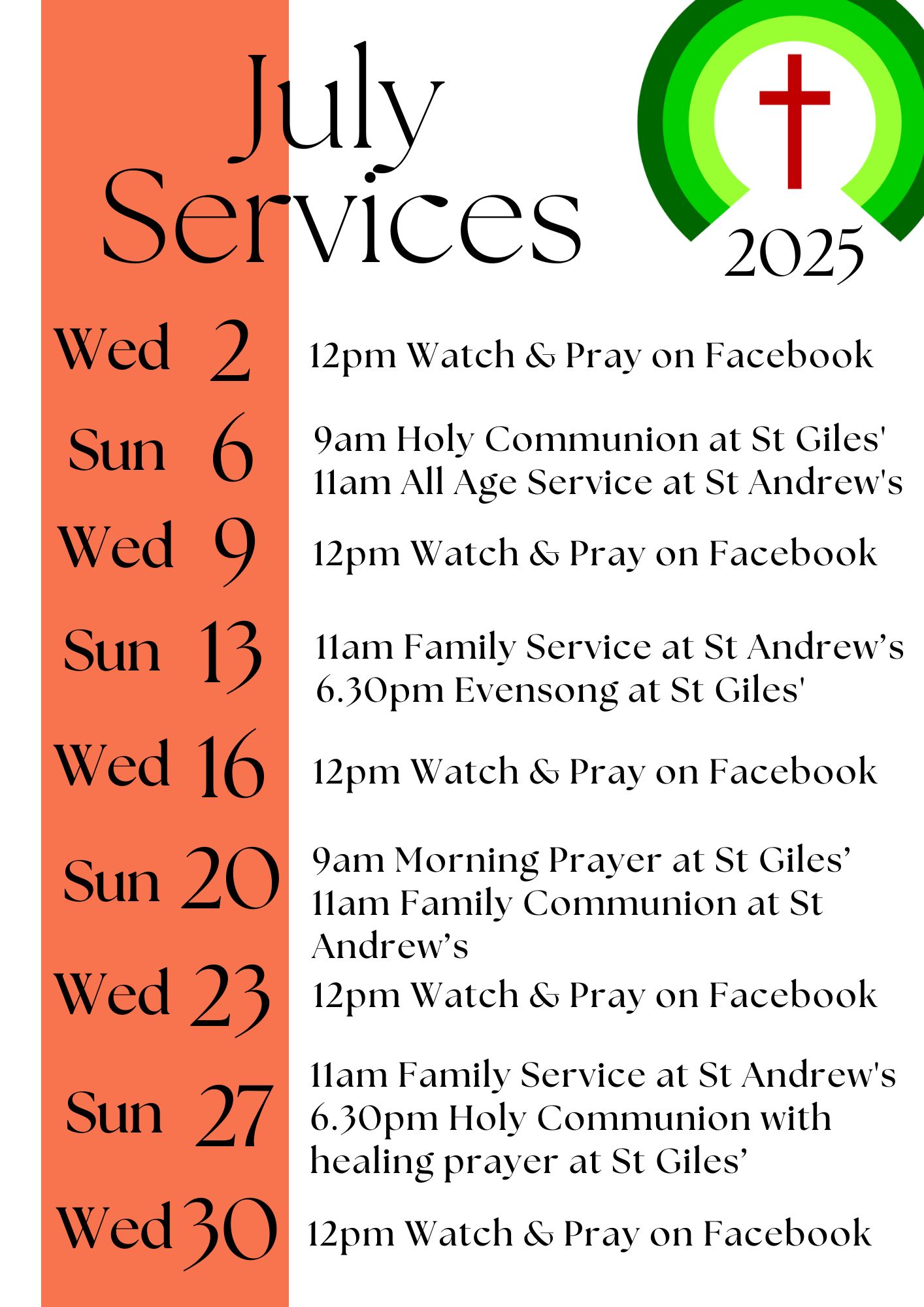 Service Calendar July 2025