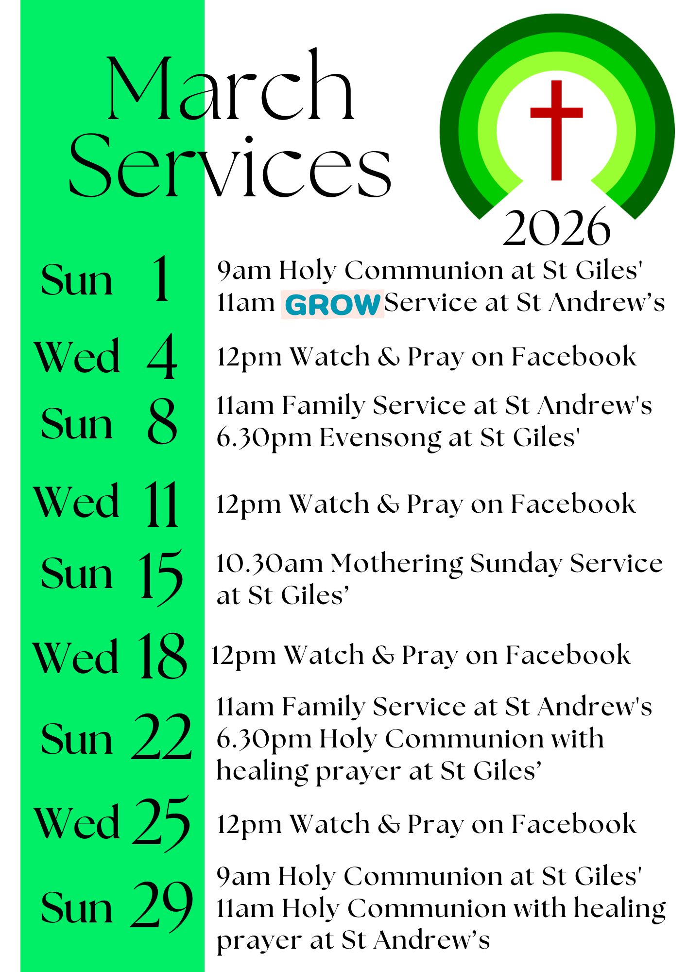 Service Calendar March 2026