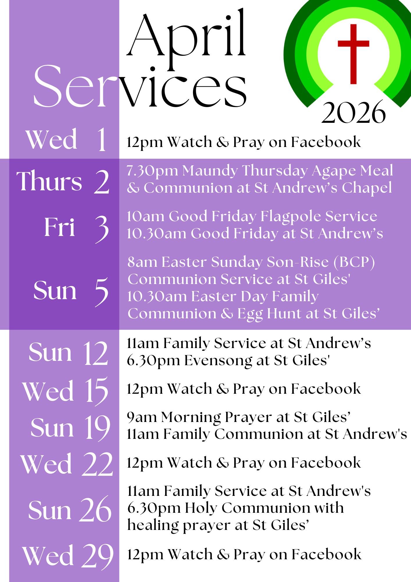 Service Calendar April 2026